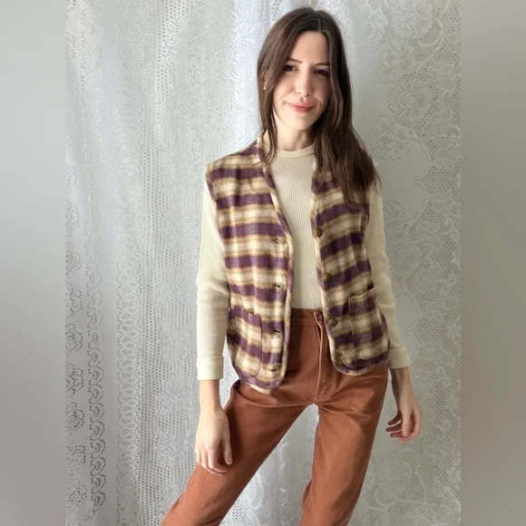 Vintage Plaid Wool Blend Button Front Vest Earth Tone Layered Folk Style - Picture 4 of 15